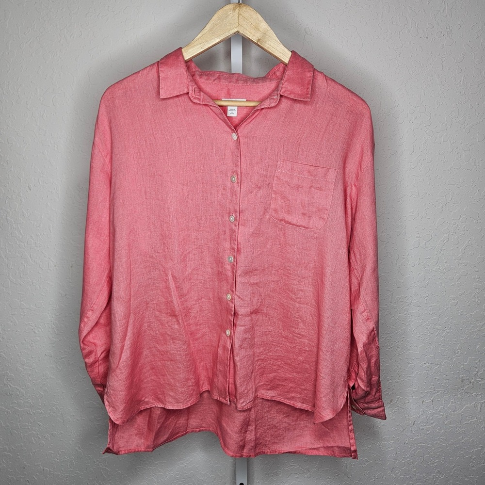 J. Jill Love Linen Coral Pink Button Down Shirt Long Sleeve Petite Medium